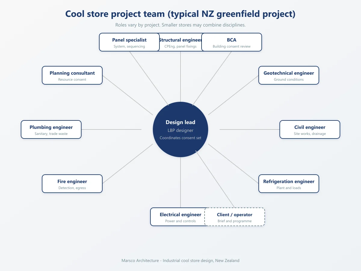 Greenfield industrial cool store project team roles New Zealand, Marsco Architecture