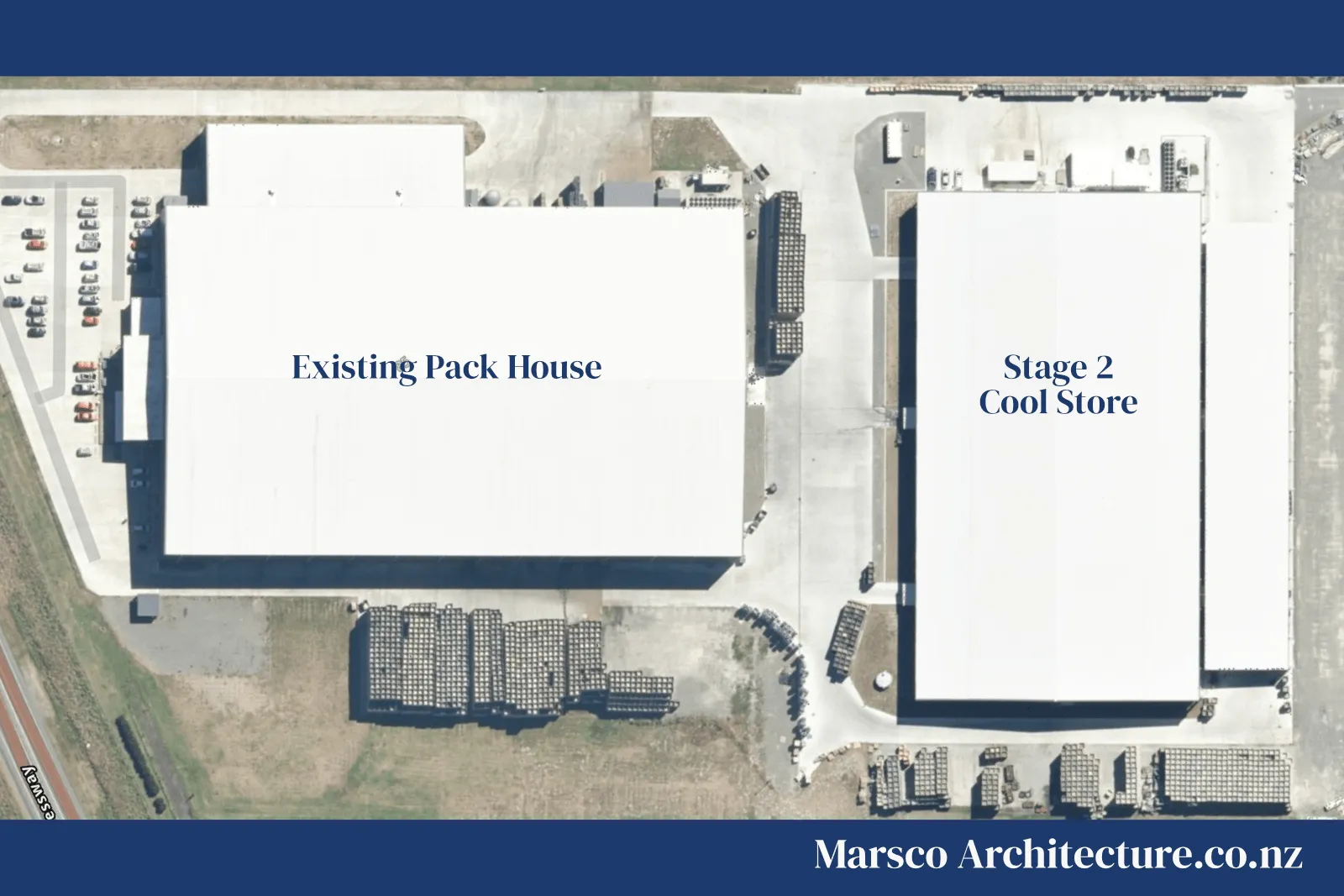 Industrial cool store site aerial Hastings Hawke's Bay, Marsco Architecture
