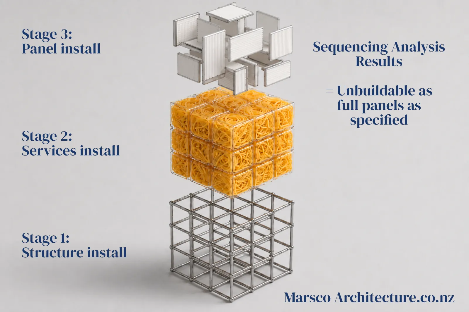 Industrial insulated panel laboratory services building sequencing analysis exploded axonometric New Zealand, Marsco Architecture