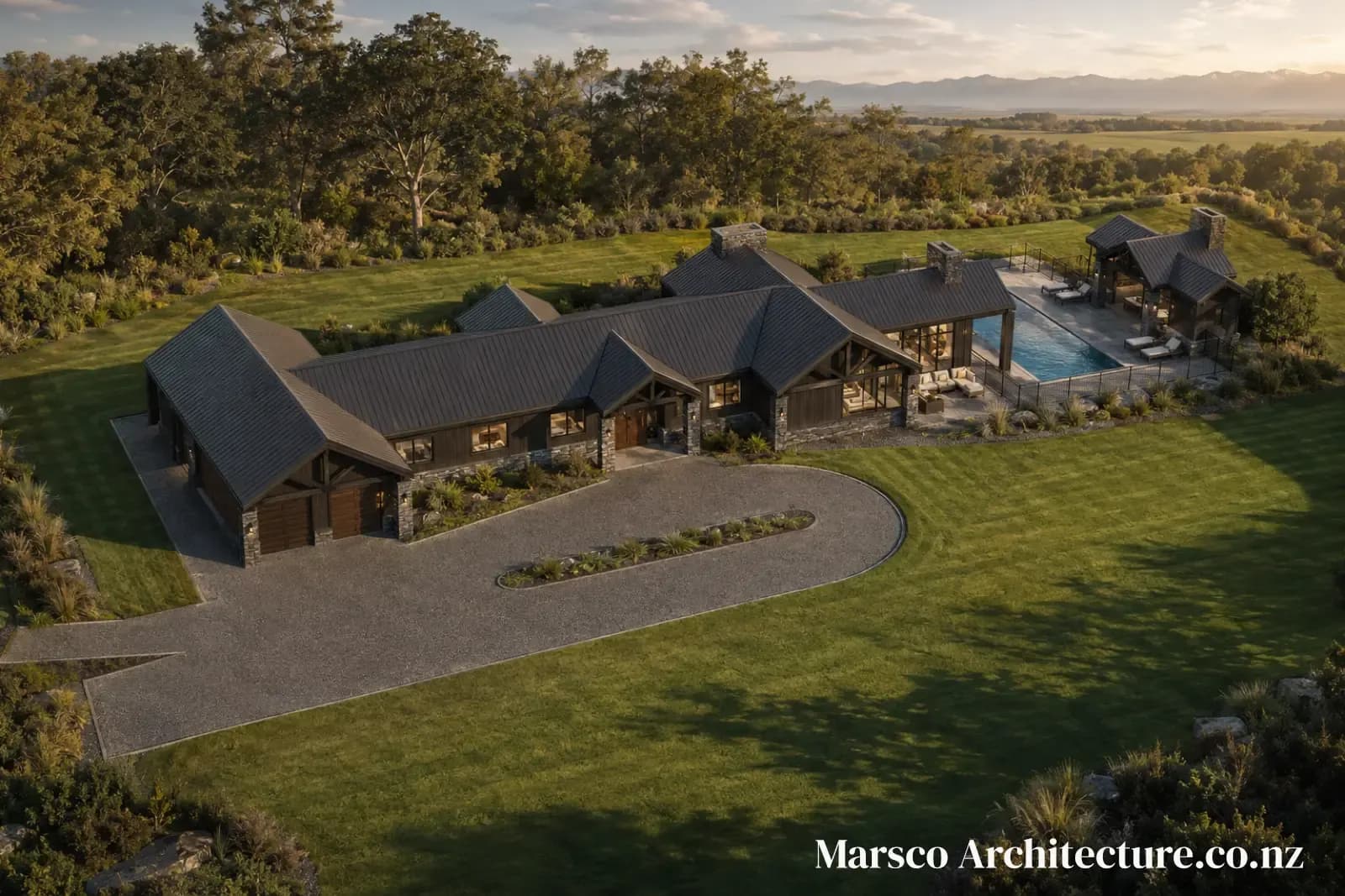 Contemporary lodge luxury family home aerial site New Zealand, Marsco Architecture