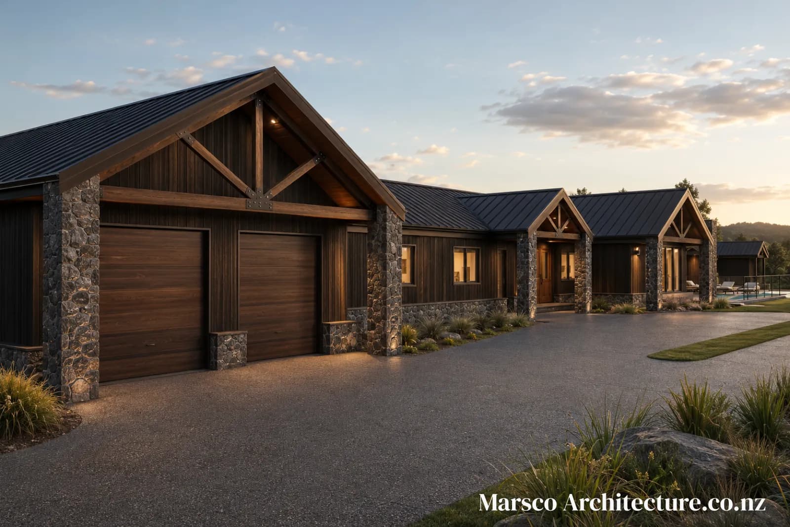 Contemporary lodge luxury family home driveway elevation New Zealand, Marsco Architecture