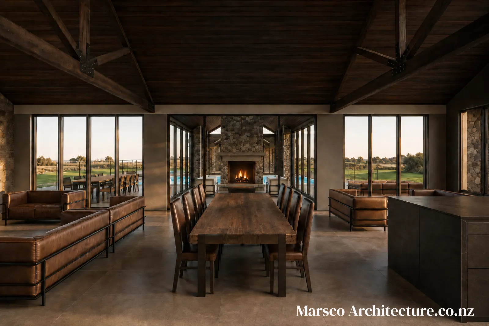 Contemporary lodge luxury family home interior living New Zealand, Marsco Architecture