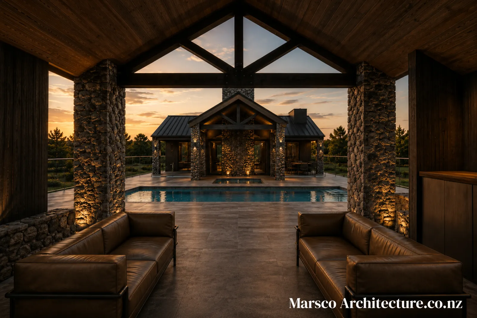 Contemporary lodge luxury family home pool axis view New Zealand, Marsco Architecture
