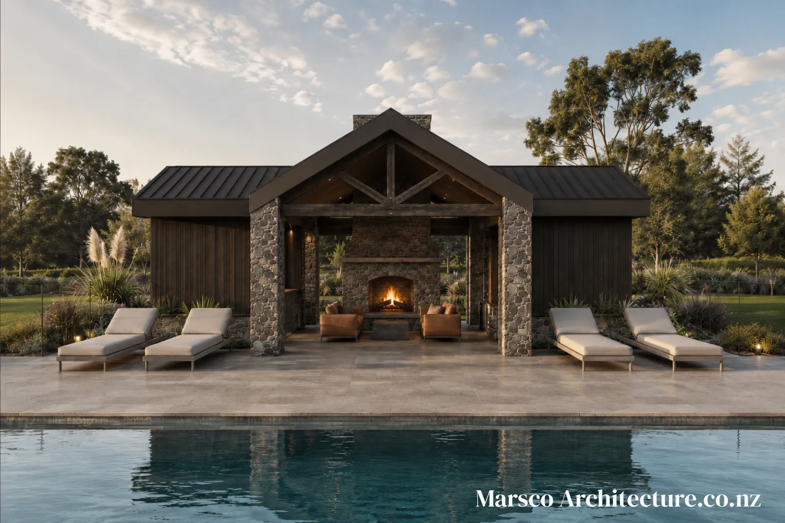 Contemporary lodge luxury family home pool house exterior New Zealand, Marsco Architecture