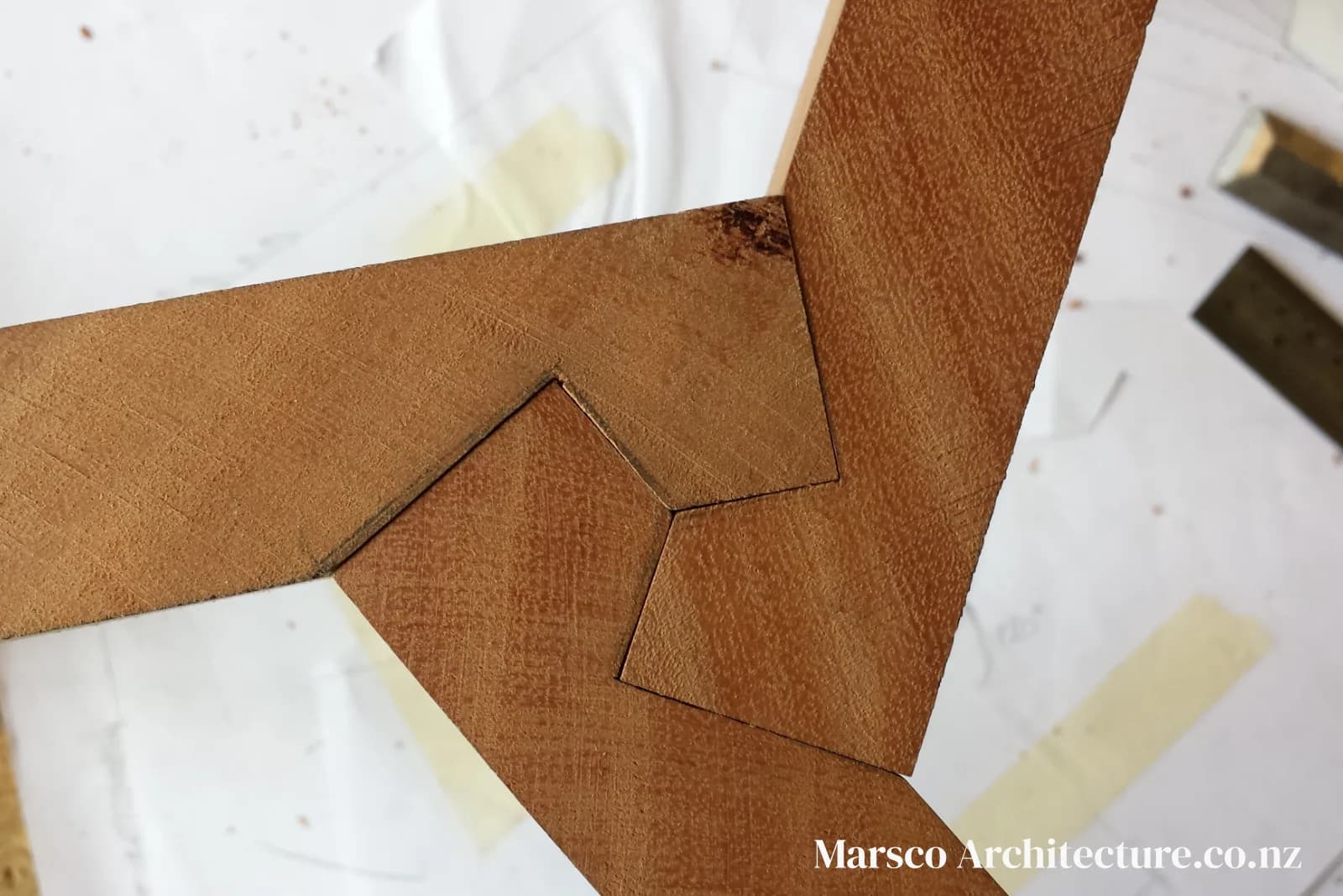 Handcrafted timber stool design dry fit assembly New Zealand, Marsco Architecture