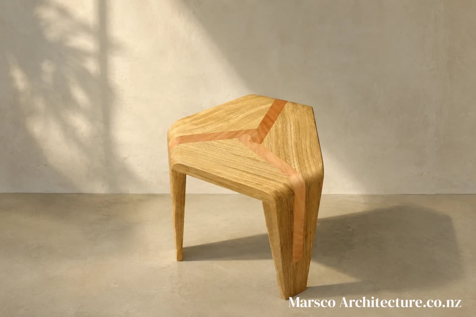 Handcrafted timber stool design leg joint New Zealand, Marsco Architecture