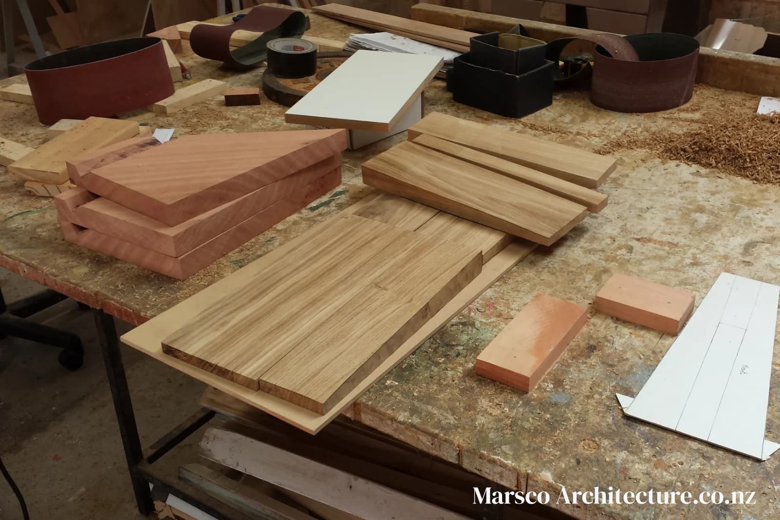 Handcrafted timber stool design pre-assembly layout New Zealand, Marsco Architecture