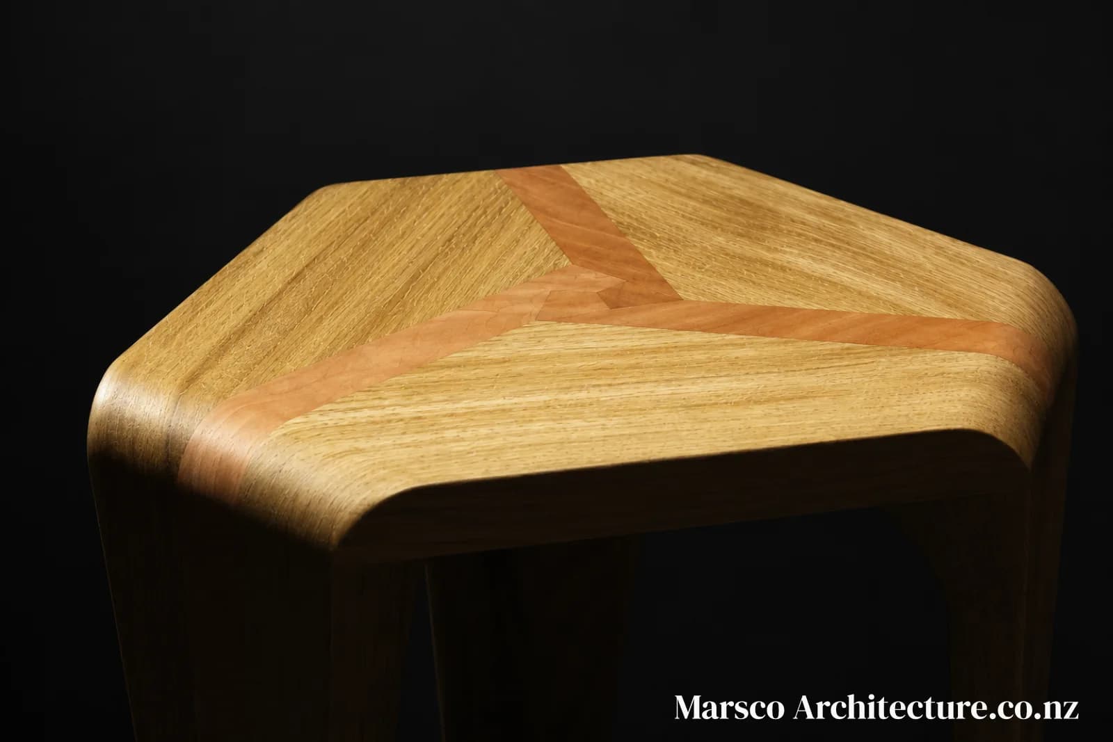 Handcrafted timber stool design top view New Zealand, Marsco Architecture