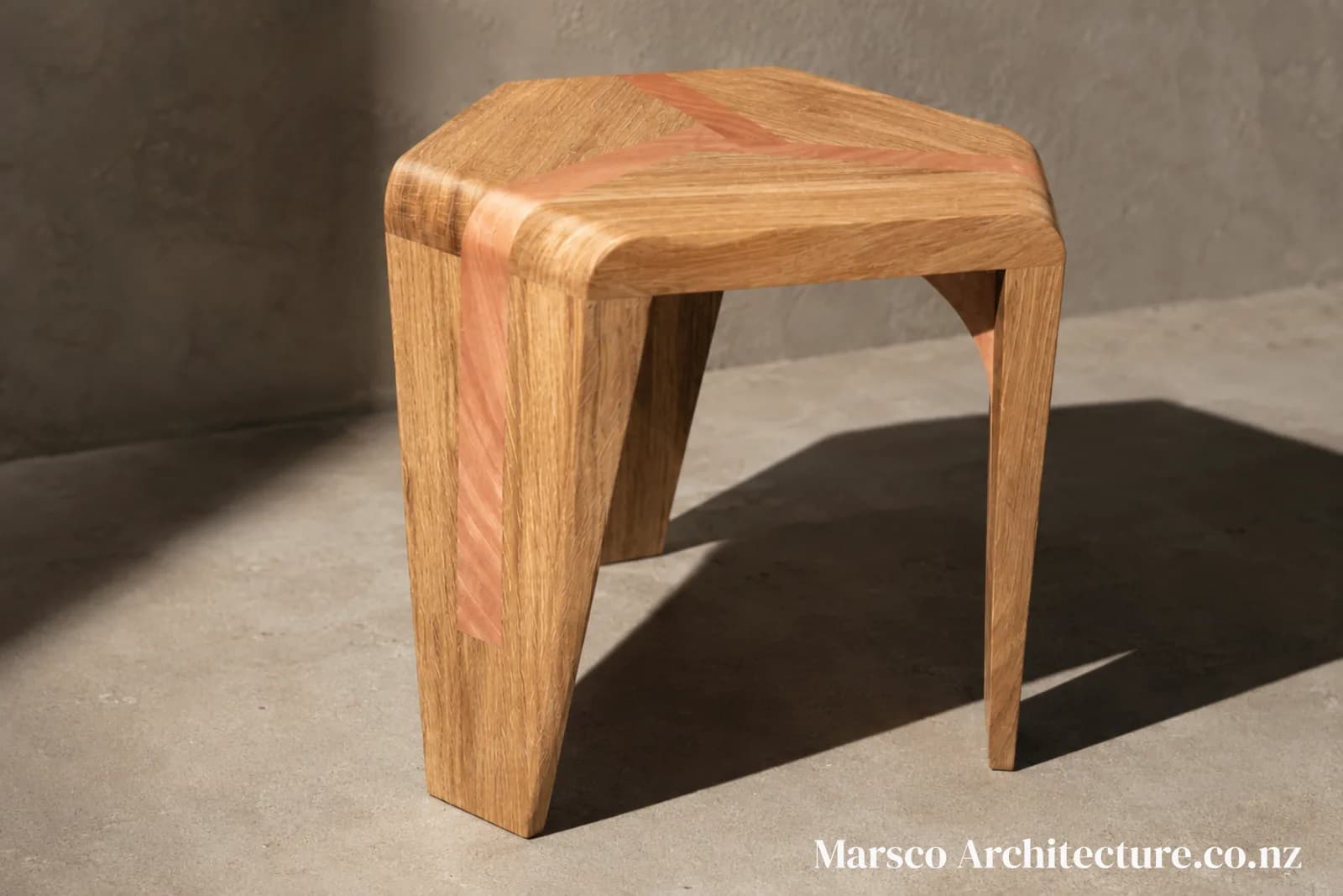 Handcrafted timber stool design underside arch New Zealand, Marsco Architecture